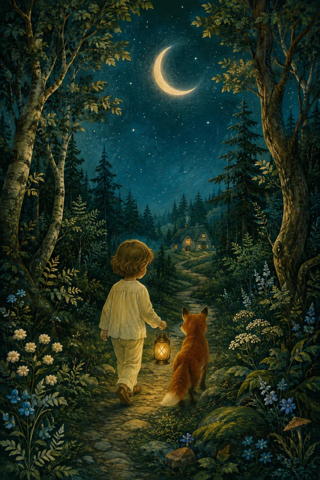 A little lantern lights the way home through the sleeping forest